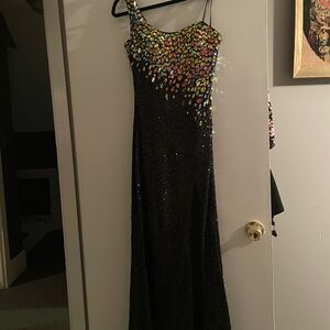 La Femme One Shoulder Black Dress with Colorful Embellishments